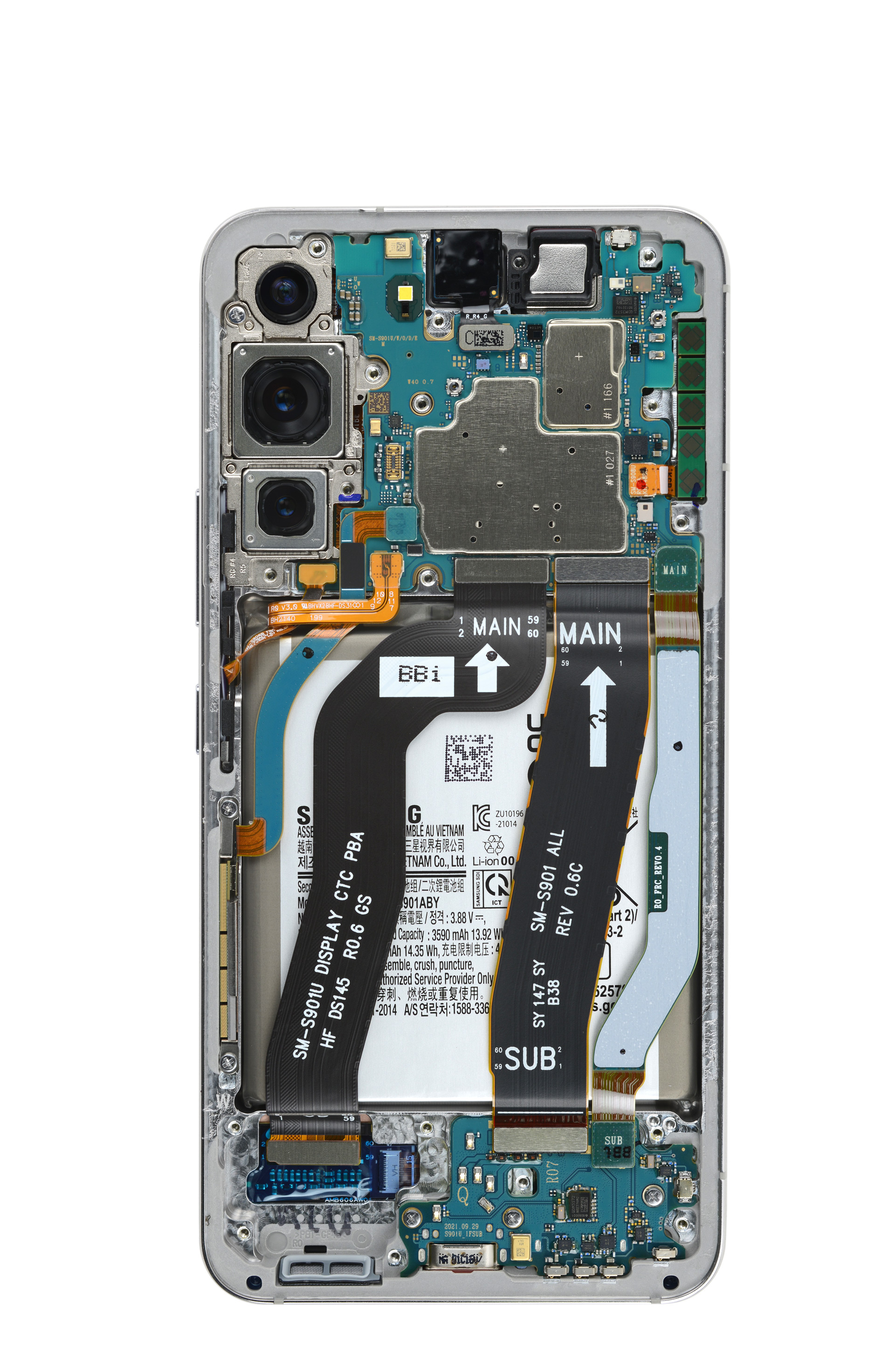 View of the Samsung Galaxy S22 with the rear cover removed, showing battery, motherboard, and interconnect cables among other components.