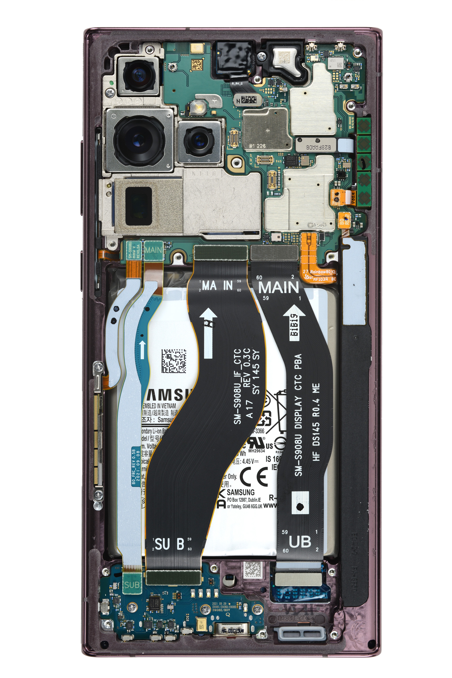 View of the Samsung Galaxy S22 Ultra with the rear cover removed, showing battery, motherboard, and interconnect cables among other components.