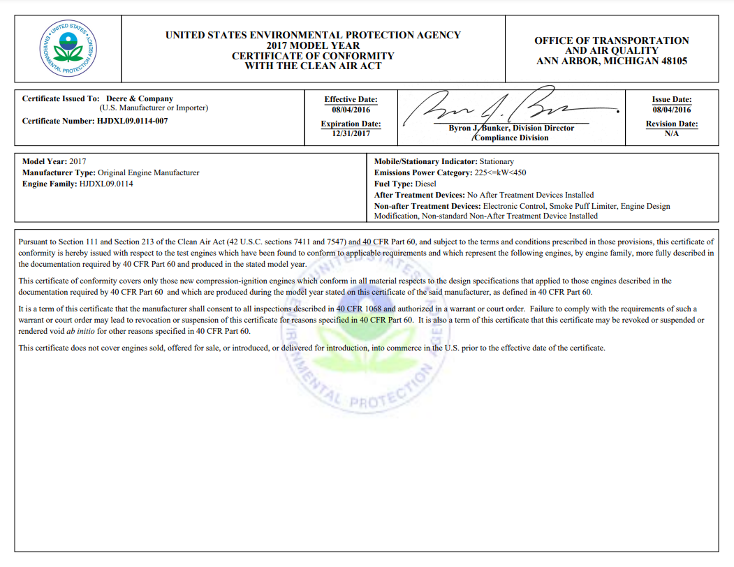 A 2017 Certificate of Conformity with the Clean Air Act, issued to Deere & Co.