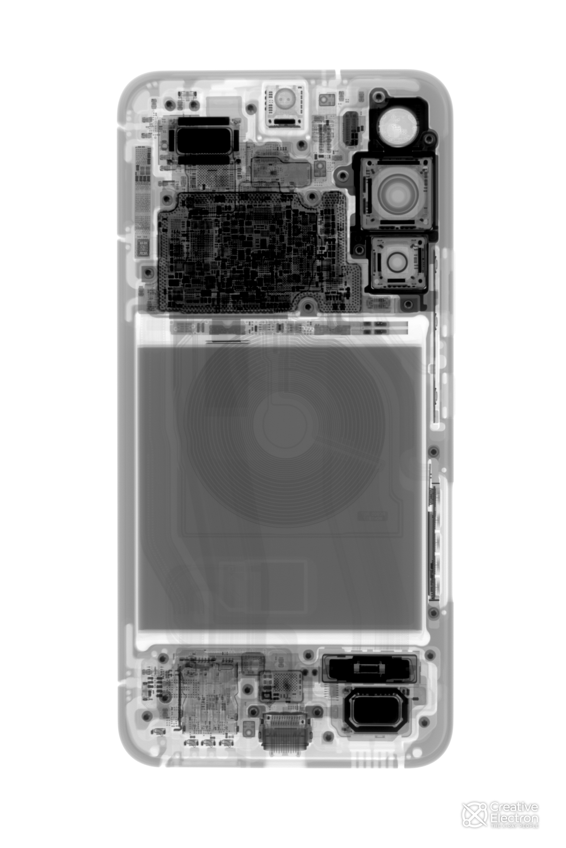 A grayscale X-ray image of the Samsung Galaxy S22.