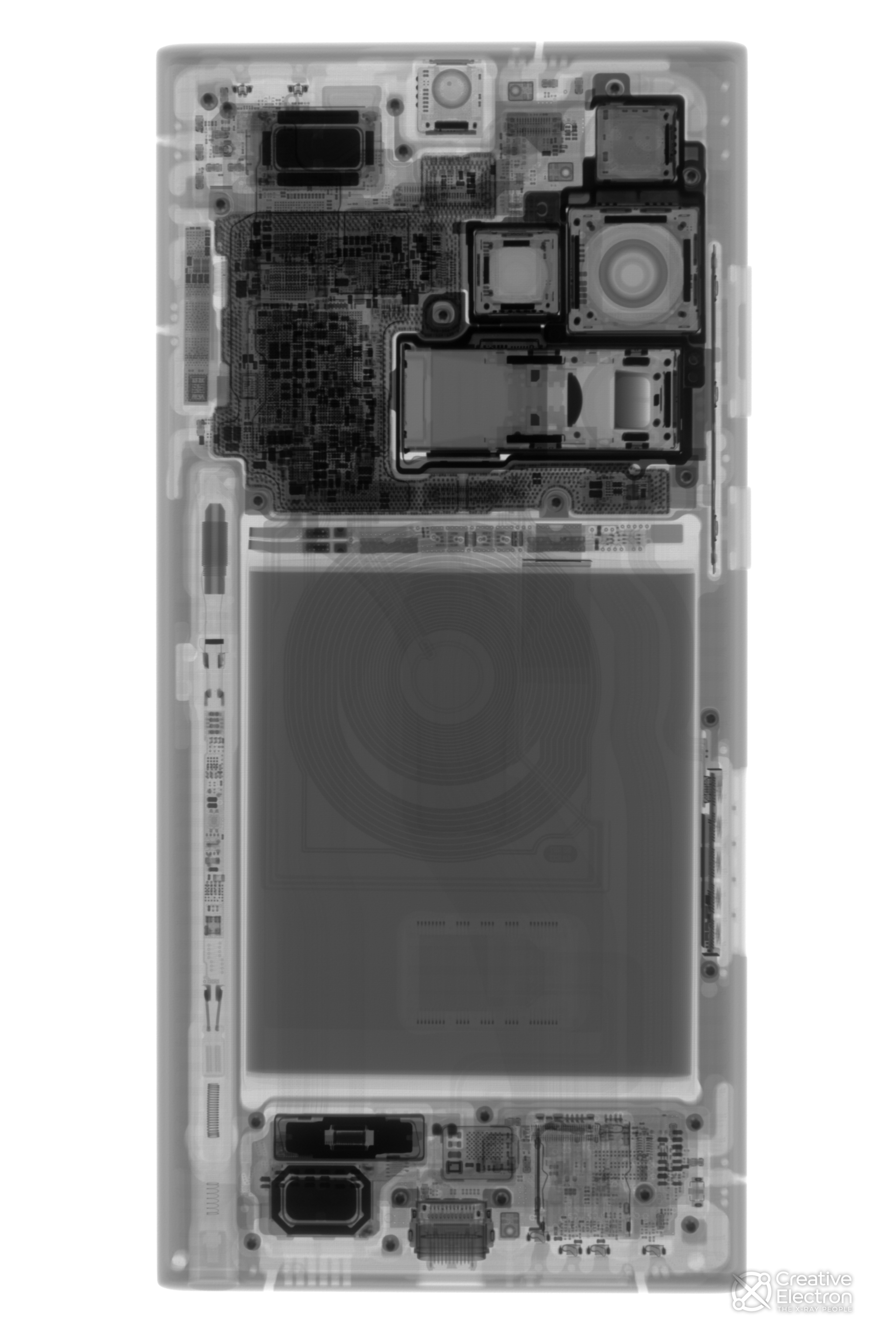 A grayscale X-ray image of the Samsung Galaxy S22 Ultra.